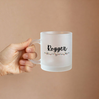 hand held Frosty Christmas mug with personalized name and festive glow