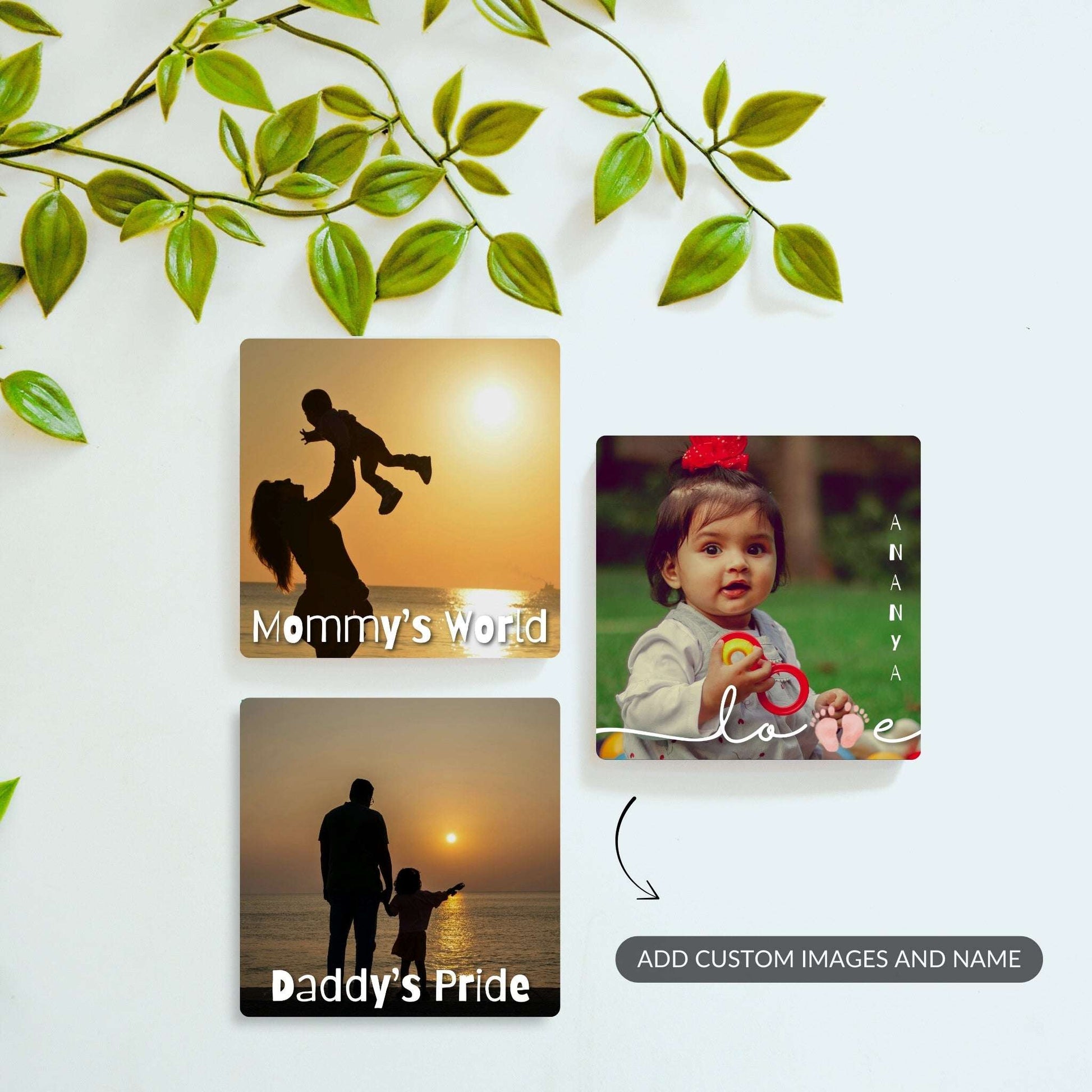 Little Wonder, Mommy’s World, and Daddy’s Pride personalized baby magnet set.
