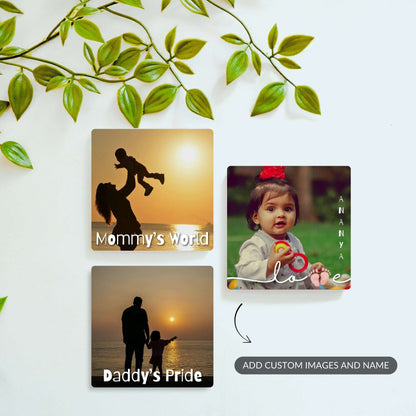 Little Wonder, Mommy’s World, and Daddy’s Pride personalized baby magnet set.