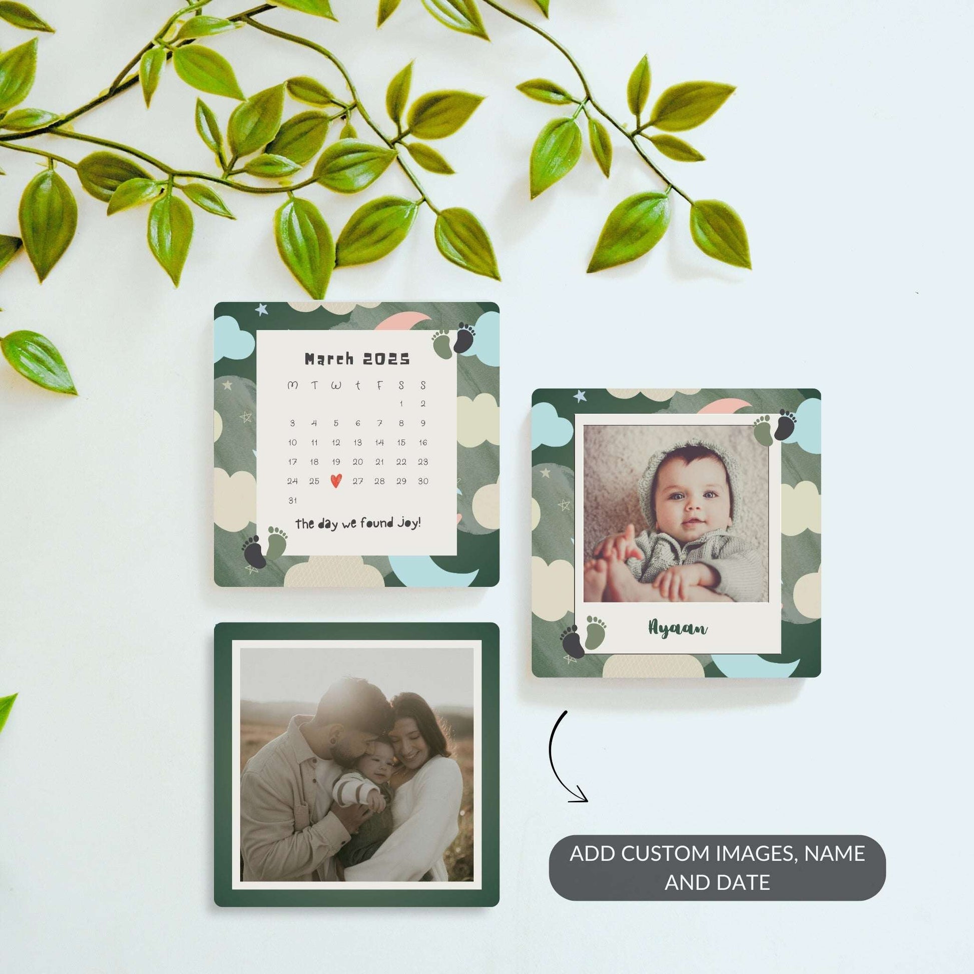 Cloud of Joy personalized baby magnet set with calendar and photo.