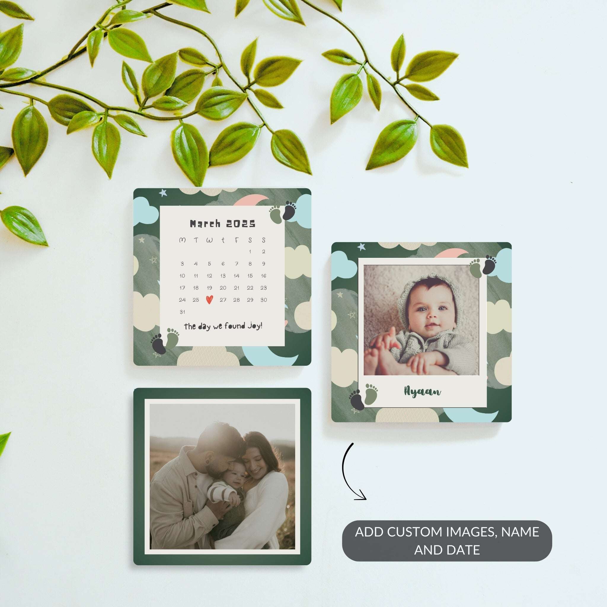 Cloud of Joy personalized baby magnet set with calendar and photo.