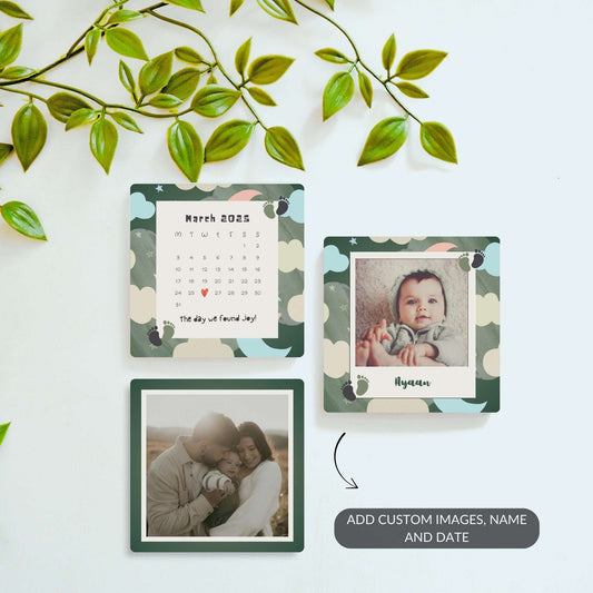 Cloud of Joy personalized baby magnet set with calendar and photo.