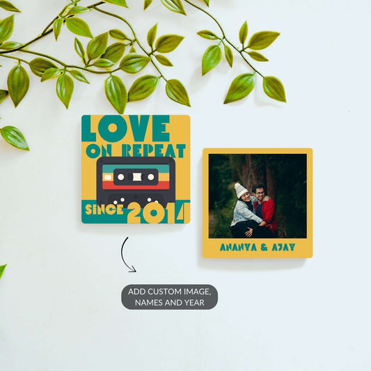 Love on Repeat personalized magnet set with custom names and photo.