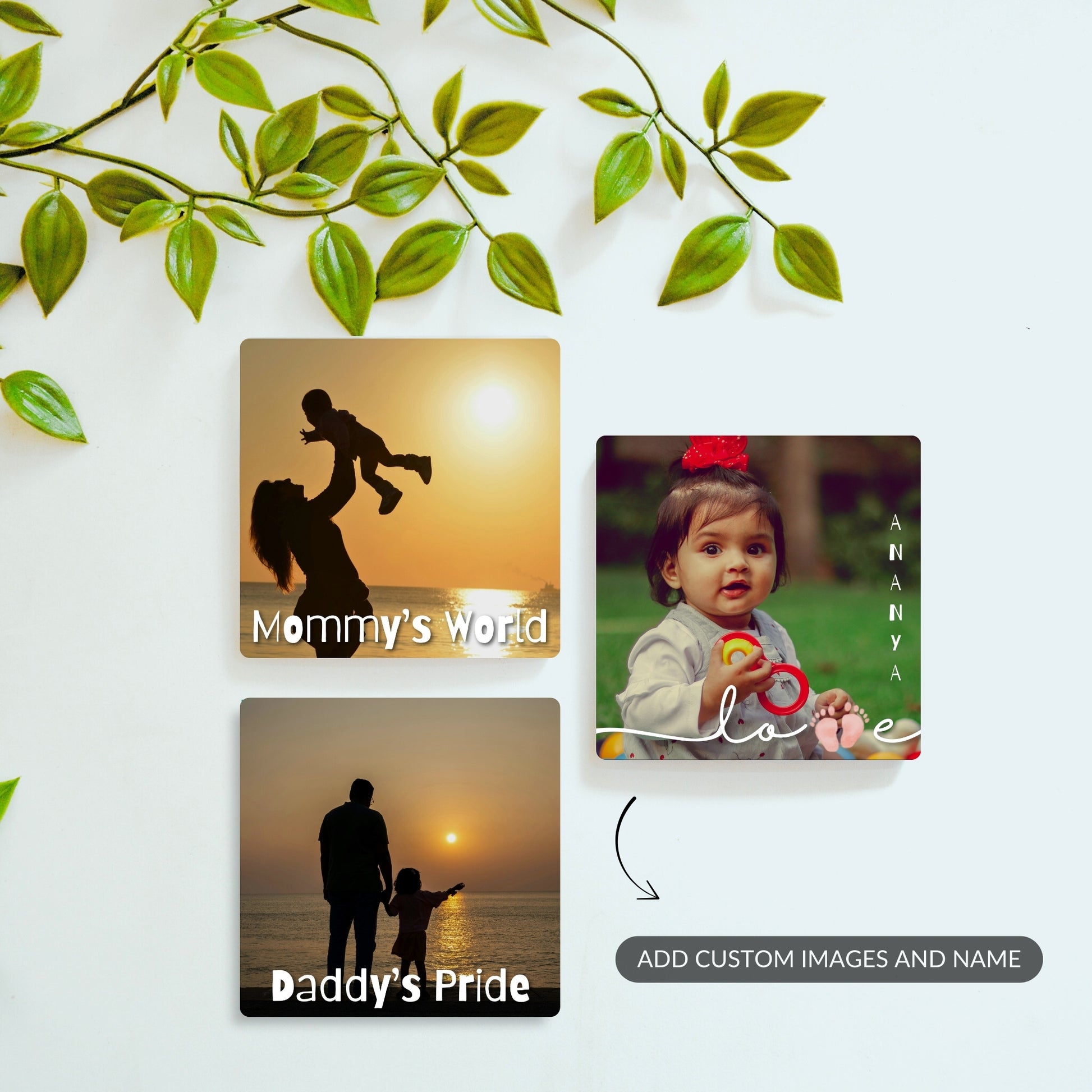 Little Wonder, Mommy’s World, and Daddy’s Pride personalized baby magnet set.