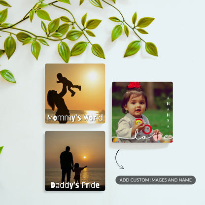 Little Wonder, Mommy’s World, and Daddy’s Pride personalized baby magnet set.