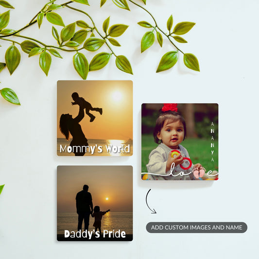 Little Wonder, Mommy’s World, and Daddy’s Pride personalized baby magnet set.