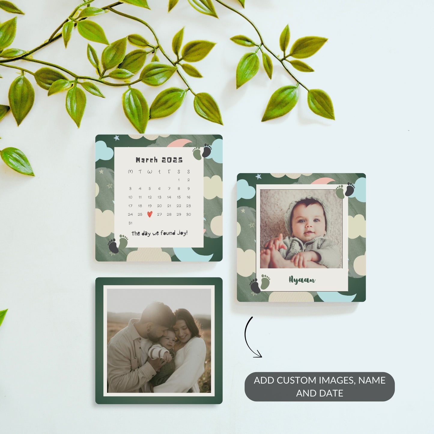 Cloud of Joy personalized baby magnet set with calendar and photo.