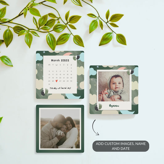 Cloud of Joy personalized baby magnet set with calendar and photo.