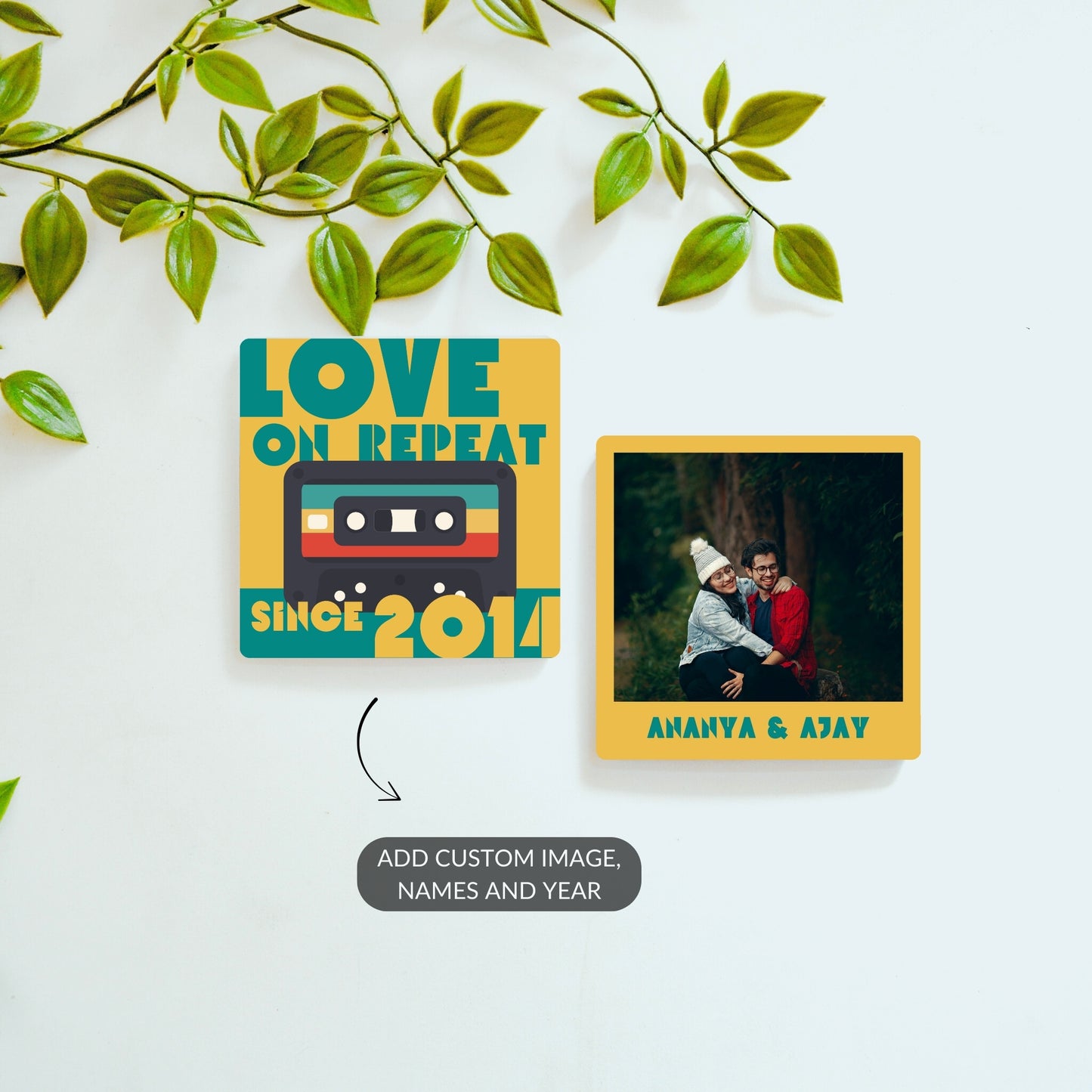Love on Repeat personalized magnet set with custom names and photo.