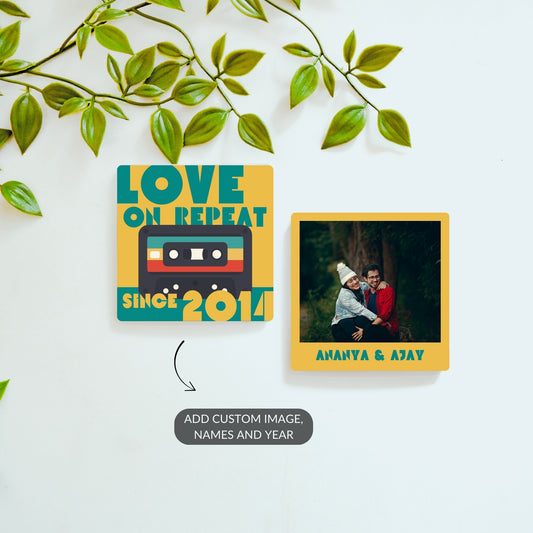 Love on Repeat personalized magnet set with custom names and photo.