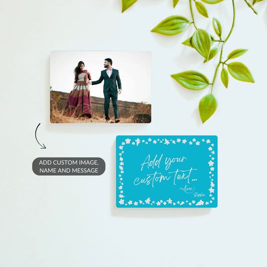Custom photo and cute blue message fridge magnet set – personalized gift bundle