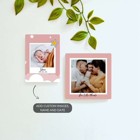 A Little Star and Our Little Miracle personalized baby magnet set.