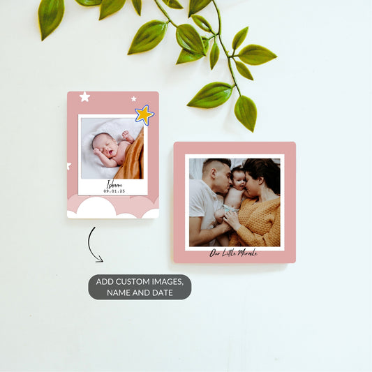 A Little Star and Our Little Miracle personalized baby magnet set.