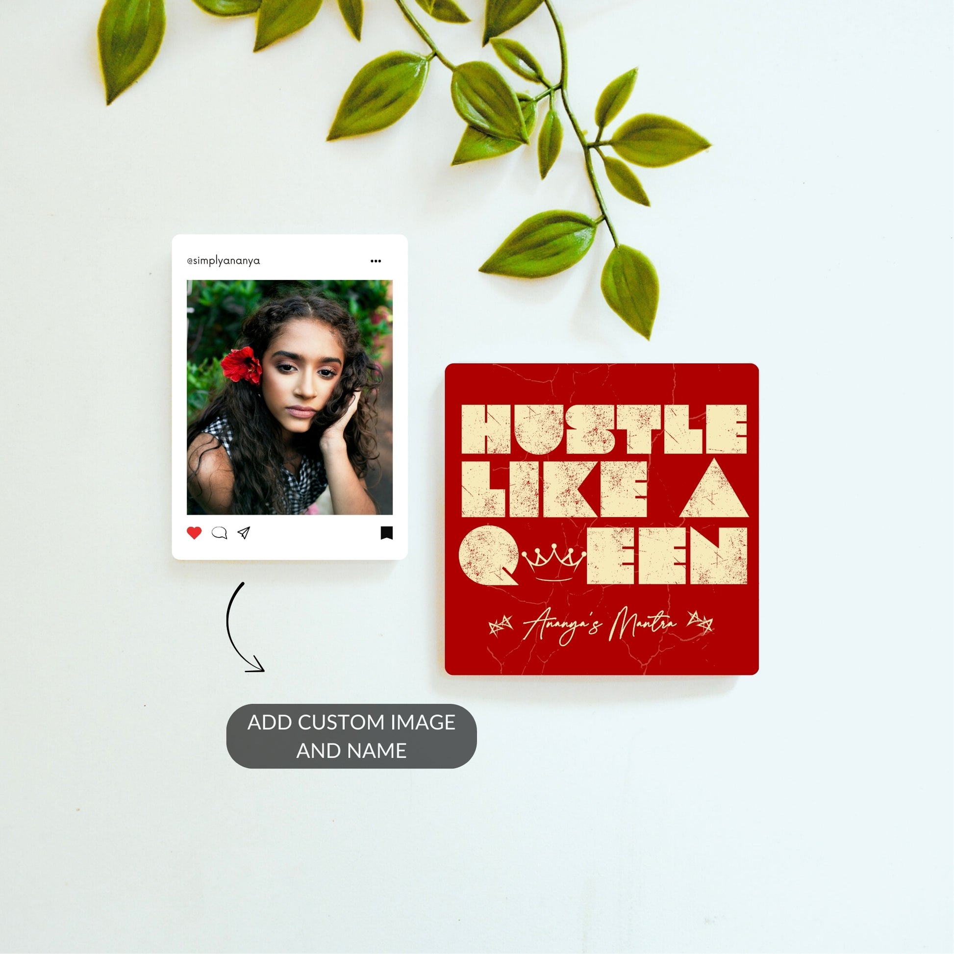 Hustle Like a Queen and Insta Moment personalized magnet set.