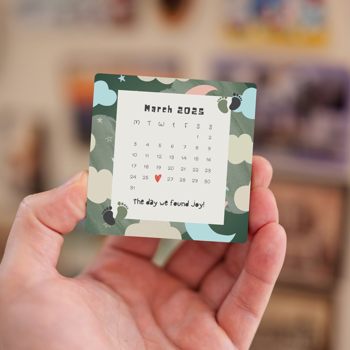 Handheld custom calendar baby DOB magnet.