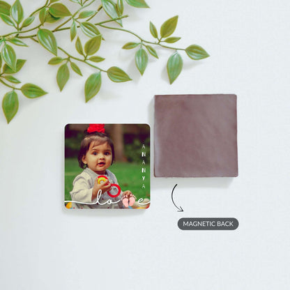 Front and back view of Little Wonder, Mommy’s World, and Daddy’s Pride custom magnets.
