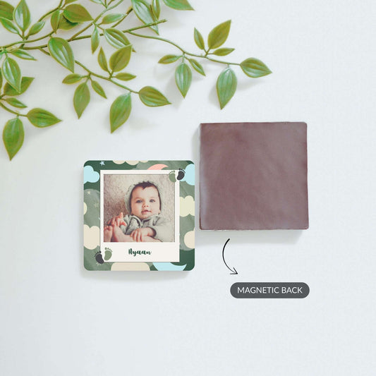 Front and back view of Cloud of Joy baby photo magnet, calendar magnet, and custom photo magnet.
