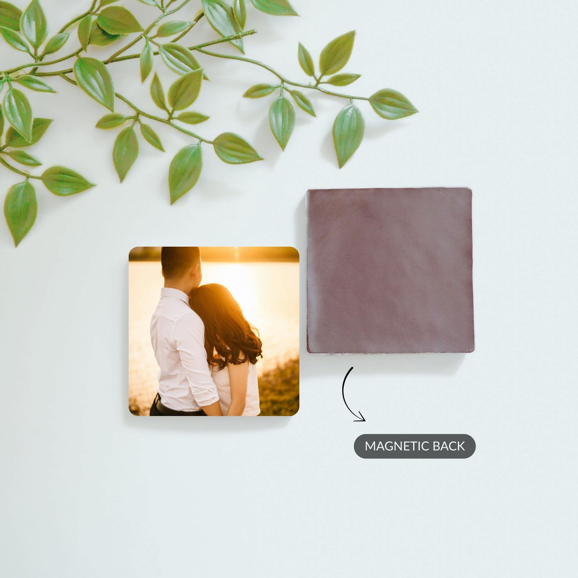 Personalized fridge magnets showing photo front and magnetic back detail