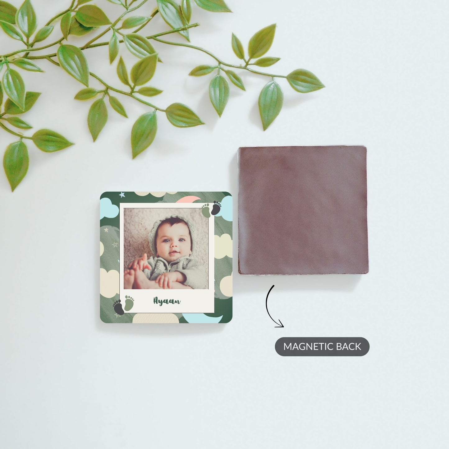 Front and back view of Cloud of Joy baby photo magnet, calendar magnet, and custom photo magnet.