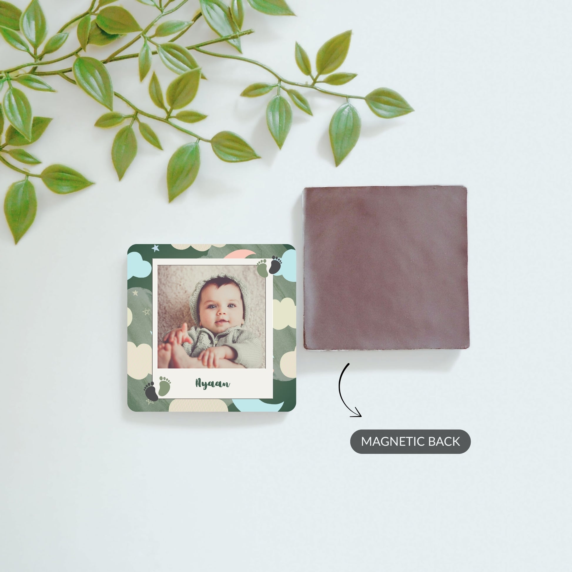 Front and back view of Cloud of Joy baby photo magnet, calendar magnet, and custom photo magnet.