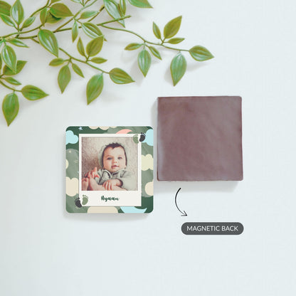 Front and back view of Cloud of Joy baby photo magnet, calendar magnet, and custom photo magnet.
