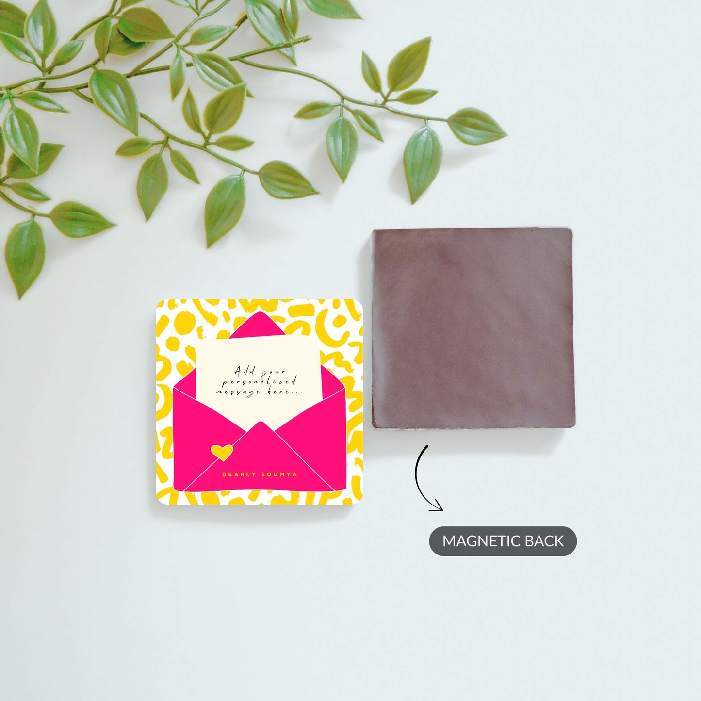 Front and back view of Dear You message magnet and custom photo magnet.