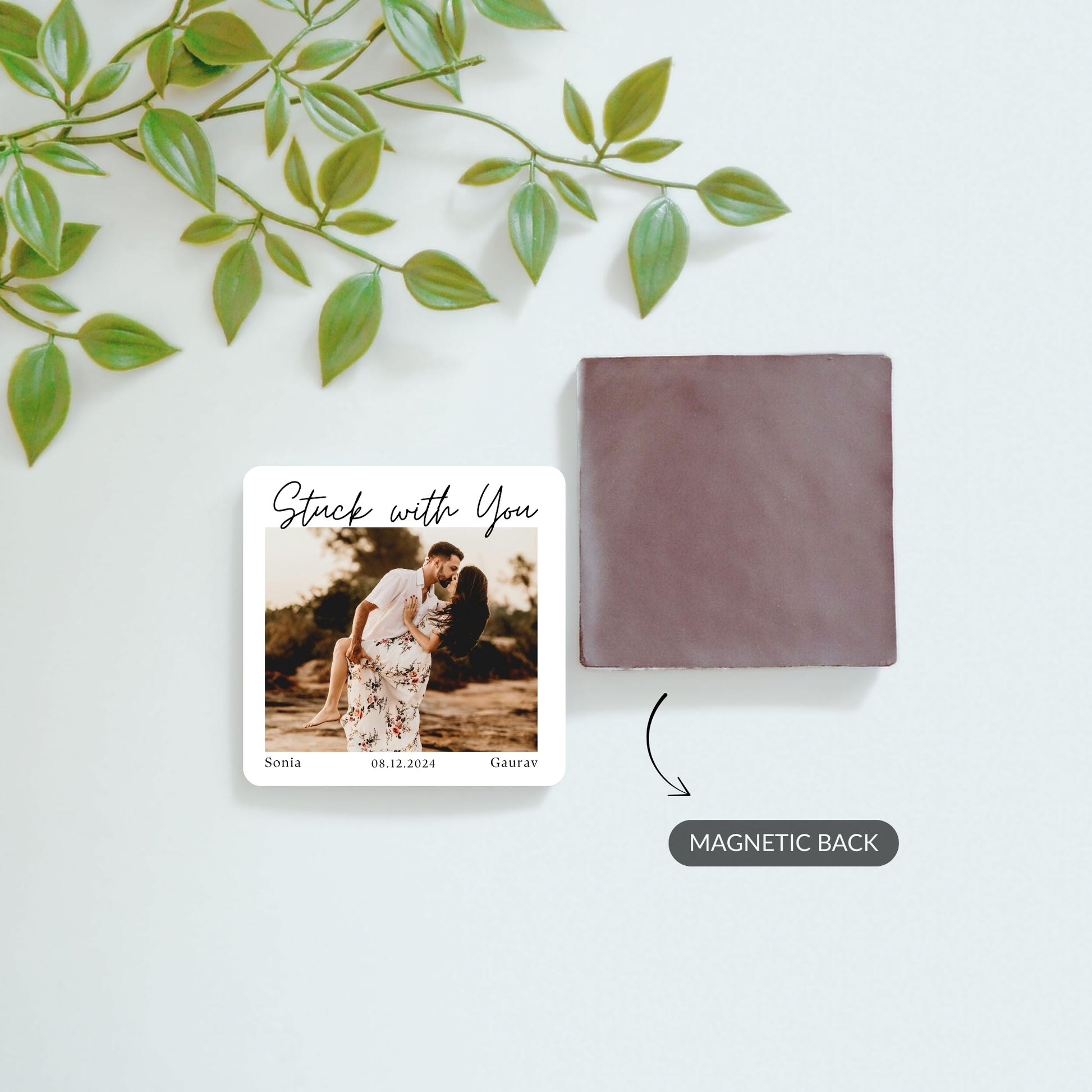 Personalized Stuck With You photo magnet and custom text message magnet with back view